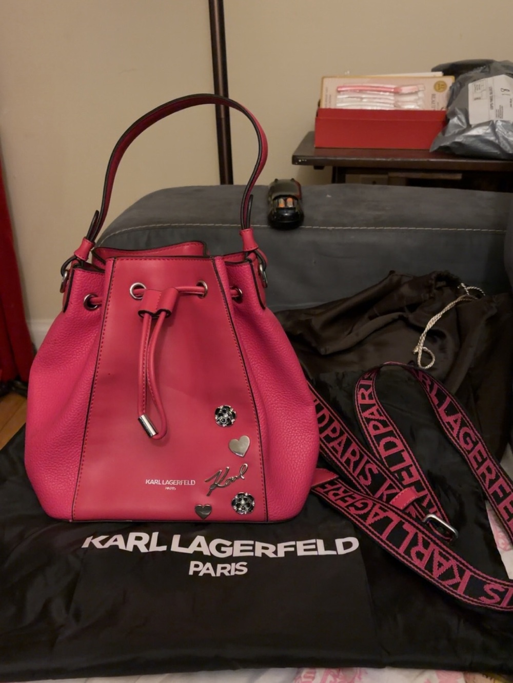 Karl Lagerfeld Hot Pink Leather Drawstring Bucket Bag with Logo Strap